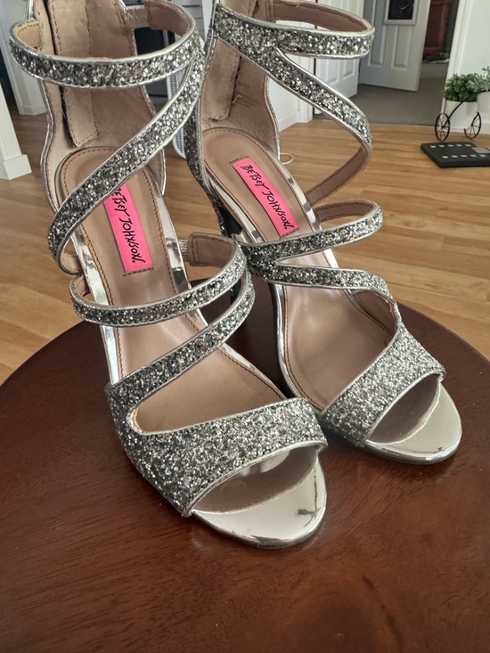 Betsey Johnson Shoes - Betsey Johnson Silver Izzy Glitter Strappy High Heel Sandals Size 6.5